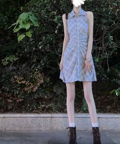 Vintage French Sleeveless Plaid Shirt Dress for Women, Waist-Cinching Trendy Polo Style Short Summer Dress