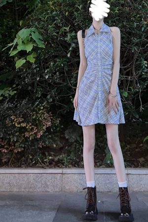 Vintage French Sleeveless Plaid Shirt Dress for Women, Waist-Cinching Trendy Polo Style Short Summer Dress