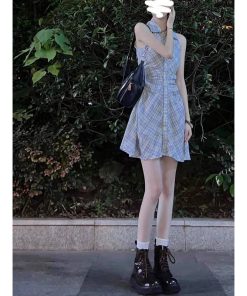 Vintage French Sleeveless Plaid Shirt Dress for Women, Waist-Cinching Trendy Polo Style Short Summer Dress
