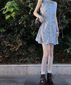 Vintage French Sleeveless Plaid Shirt Dress for Women, Waist-Cinching Trendy Polo Style Short Summer Dress