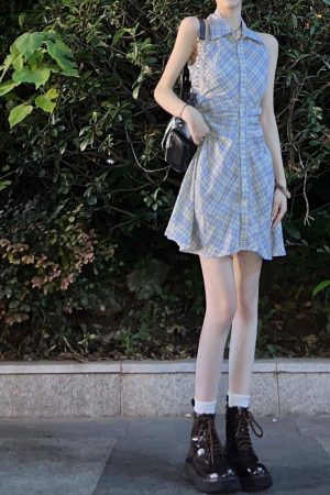 Vintage French Sleeveless Plaid Shirt Dress for Women, Waist-Cinching Trendy Polo Style Short Summer Dress