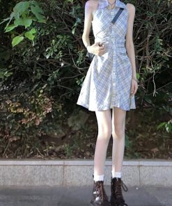Vintage French Sleeveless Plaid Shirt Dress for Women, Waist-Cinching Trendy Polo Style Short Summer Dress