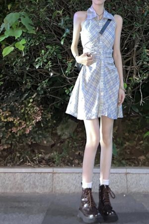 Vintage French Sleeveless Plaid Shirt Dress for Women, Waist-Cinching Trendy Polo Style Short Summer Dress