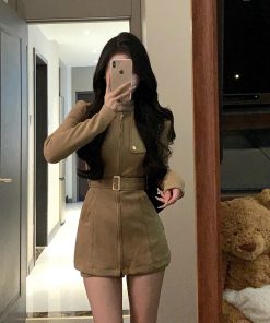 Vintage French Stand Collar Suede Dress Coat for Women â€“ Slim Waist, Hip-Hugging Short Skirt Workwear for Winter Fashion