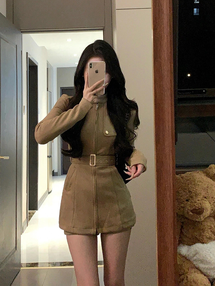 Vintage French Stand Collar Suede Dress Coat for Women – Slim Waist, Hip-Hugging Short Skirt Workwear for Winter Fashion Vintage French Stand Collar Suede Dress Coat for Women – Slim Waist, Hip-Hugging Short Skirt Workwear for Winter Fashion