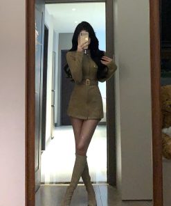 Vintage French Stand Collar Suede Dress Coat for Women – Slim Waist, Hip-Hugging Short Skirt Workwear for Winter Fashion