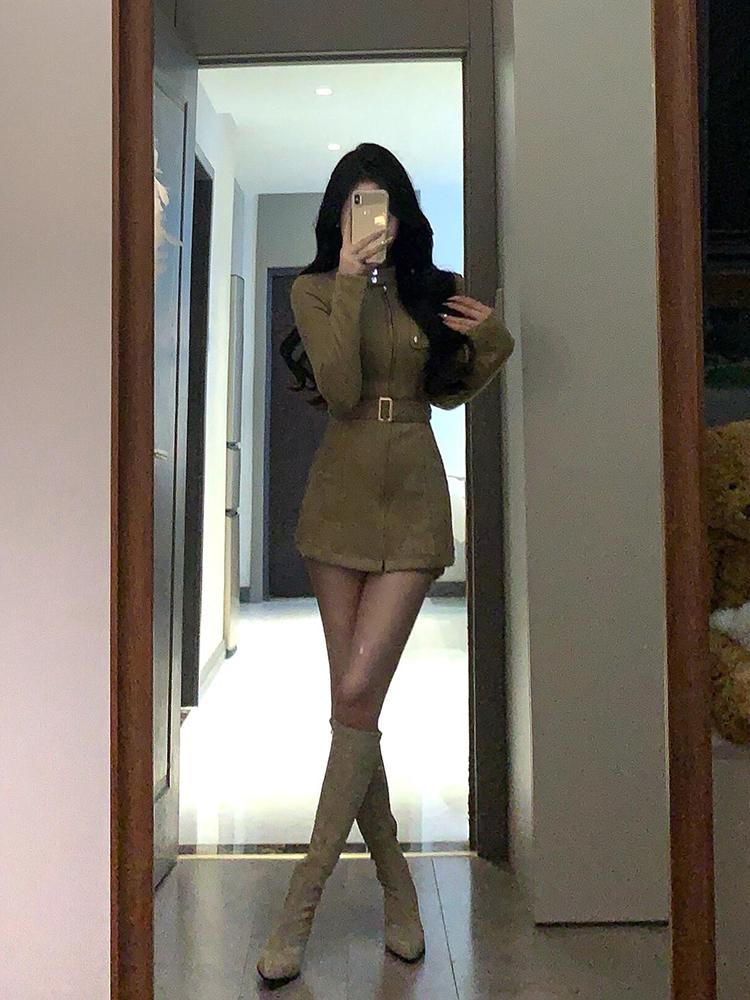 Vintage French Stand Collar Suede Dress Coat for Women – Slim Waist, Hip-Hugging Short Skirt Workwear for Winter Fashion Vintage French Stand Collar Suede Dress Coat for Women – Slim Waist, Hip-Hugging Short Skirt Workwear for Winter Fashion