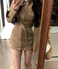 Vintage French Stand Collar Suede Dress Coat for Women – Slim Waist, Hip-Hugging Short Skirt Workwear for Winter Fashion