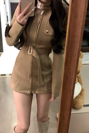 Vintage French Stand Collar Suede Dress Coat for Women â€“ Slim Waist, Hip-Hugging Short Skirt Workwear for Winter Fashion