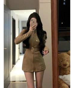 Vintage French Stand Collar Suede Dress Coat for Women â€“ Slim Waist, Hip-Hugging Short Skirt Workwear for Winter Fashion