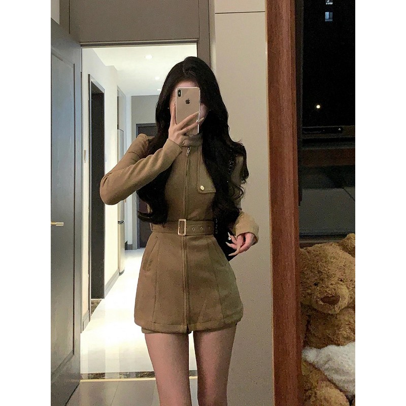 Vintage French Stand Collar Suede Dress Coat for Women – Slim Waist, Hip-Hugging Short Skirt Workwear for Winter Fashion Vintage French Stand Collar Suede Dress Coat for Women – Slim Waist, Hip-Hugging Short Skirt Workwear for Winter Fashion
