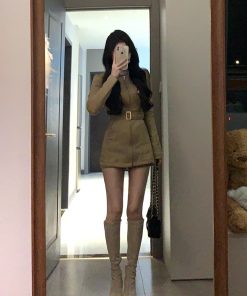 Vintage French Stand Collar Suede Dress Coat for Women – Slim Waist, Hip-Hugging Short Skirt Workwear for Winter Fashion