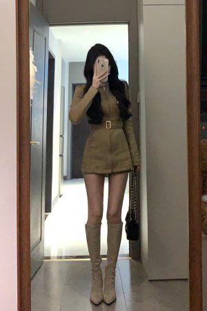 Vintage French Stand Collar Suede Dress Coat for Women â€“ Slim Waist, Hip-Hugging Short Skirt Workwear for Winter Fashion