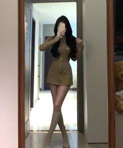 Vintage French Stand Collar Suede Dress Coat for Women – Slim Waist, Hip-Hugging Short Skirt Workwear for Winter Fashion