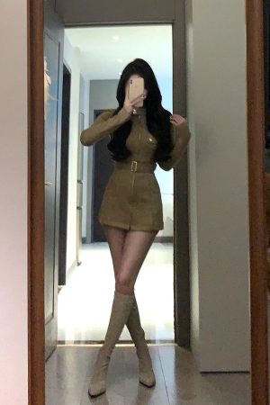 Vintage French Stand Collar Suede Dress Coat for Women â€“ Slim Waist, Hip-Hugging Short Skirt Workwear for Winter Fashion