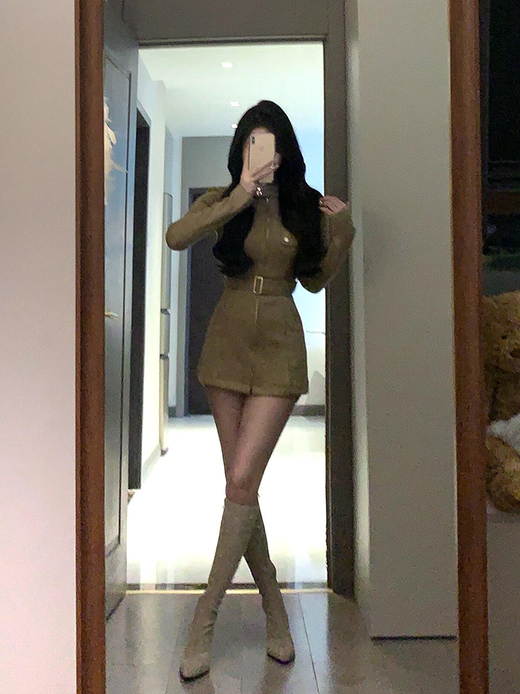 Vintage French Stand Collar Suede Dress Coat for Women – Slim Waist, Hip-Hugging Short Skirt Workwear for Winter Fashion Vintage French Stand Collar Suede Dress Coat for Women – Slim Waist, Hip-Hugging Short Skirt Workwear for Winter Fashion