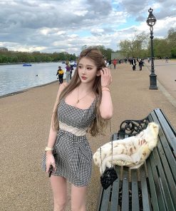 Vintage French-Style Checkered Dress for Women with Square Collar, Spliced Lace, Bow, and Short Skirt - Perfect for Summer