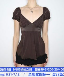 Vintage French Style Distressed Hollowed-Out V-Neck T-Shirt with Bust Patchwork Doll Top for Women â€“ Y2K Fashion Essential