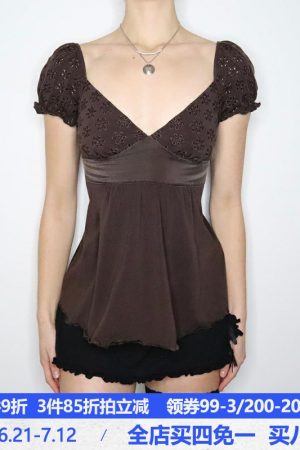 Vintage French Style Distressed Hollowed-Out V-Neck T-Shirt with Bust Patchwork Doll Top for Women â€“ Y2K Fashion Essential