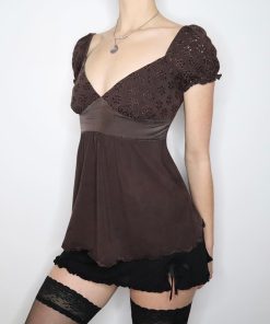 Vintage French Style Distressed Hollowed-Out V-Neck T-Shirt with Bust Patchwork Doll Top for Women – Y2K Fashion Essential