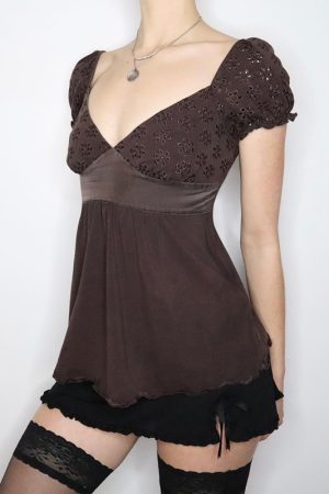 Vintage French Style Distressed Hollowed-Out V-Neck T-Shirt with Bust Patchwork Doll Top for Women â€“ Y2K Fashion Essential
