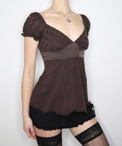 Vintage French Style Distressed Hollowed-Out V-Neck T-Shirt with Bust Patchwork Doll Top for Women – Y2K Fashion Essential