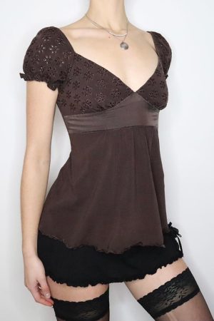 Vintage French Style Distressed Hollowed-Out V-Neck T-Shirt with Bust Patchwork Doll Top for Women â€“ Y2K Fashion Essential