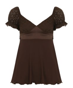 Vintage French Style Distressed Hollowed-Out V-Neck T-Shirt with Bust Patchwork Doll Top for Women â€“ Y2K Fashion Essential