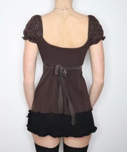 Vintage French Style Distressed Hollowed-Out V-Neck T-Shirt with Bust Patchwork Doll Top for Women – Y2K Fashion Essential