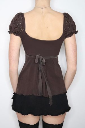 Vintage French Style Distressed Hollowed-Out V-Neck T-Shirt with Bust Patchwork Doll Top for Women â€“ Y2K Fashion Essential
