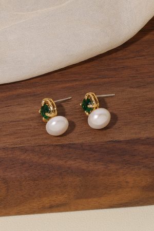 Vintage French Style Freshwater Pearl Earrings for Women - High-End Zircon Emerald Studs & Clip-On Design