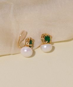 Vintage French Style Freshwater Pearl Earrings for Women - High-End Zircon Emerald Studs & Clip-On Design