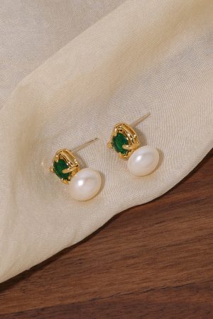 Vintage French Style Freshwater Pearl Earrings for Women - High-End Zircon Emerald Studs & Clip-On Design