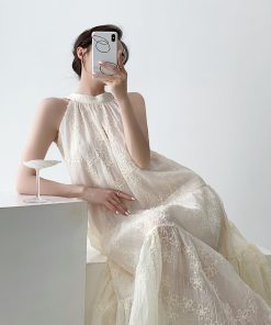 Vintage French White Lace Halter Dress - Sexy Sleeveless Off-Shoulder Flared Long Dress for Spring Summer Fashion