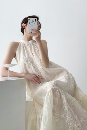 Vintage French White Lace Halter Dress - Sexy Sleeveless Off-Shoulder Flared Long Dress for Spring Summer Fashion