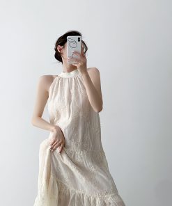 Vintage French White Lace Halter Dress - Sexy Sleeveless Off-Shoulder Flared Long Dress for Spring Summer Fashion