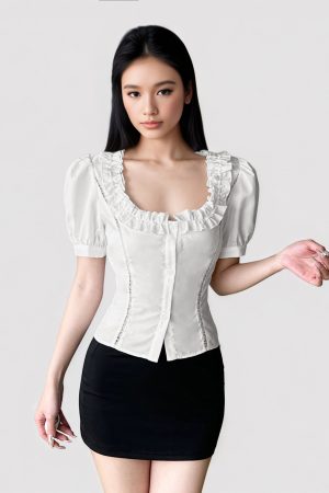 Vintage French White Square Neck Ruffled Puff Sleeve Button-Up T-Shirt Top for a Waist-Defined Look, Perfect for Y2K Style