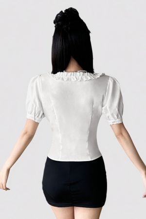 Vintage French White Square Neck Ruffled Puff Sleeve Button-Up T-Shirt Top for a Waist-Defined Look, Perfect for Y2K Style