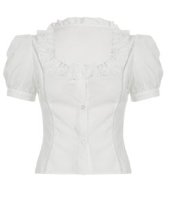 Vintage French White Square Neck Ruffled Puff Sleeve Button-Up T-Shirt Top for a Waist-Defined Look, Perfect for Y2K Style