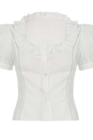 Vintage French White Square Neck Ruffled Puff Sleeve Button-Up T-Shirt Top for a Waist-Defined Look, Perfect for Y2K Style