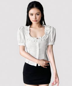 Vintage French White Square Neck Ruffled Puff Sleeve Button-Up T-Shirt Top for a Waist-Defined Look, Perfect for Y2K Style