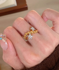 Vintage Gemini Ring for Women - Round Bead Five-Pointed Star Design with Sparkling Diamonds - 2025 Trendy Index Finger Ring