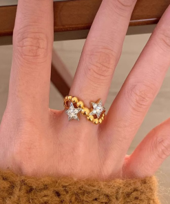 Vintage Gemini Ring for Women - Round Bead Five-Pointed Star Design with Sparkling Diamonds - 2025 Trendy Index Finger Ring