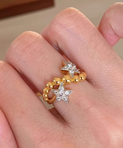 Vintage Gemini Ring for Women - Round Bead Five-Pointed Star Design with Sparkling Diamonds - 2025 Trendy Index Finger Ring