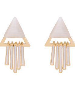 Vintage Geometric Triangular Cat-Eye Stone Earrings with White Tassel, Floating FLOAT Design, High-End Ear Clips for Women