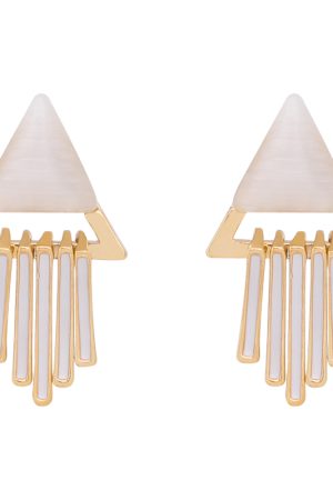 Vintage Geometric Triangular Cat-Eye Stone Earrings with White Tassel, Floating FLOAT Design, High-End Ear Clips for Women