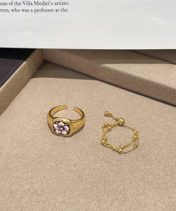 Vintage Gold Square Flower Ring with Fine Chain and Steel Beads - Oversized Stacking Ring for Women, Boho Chic Style