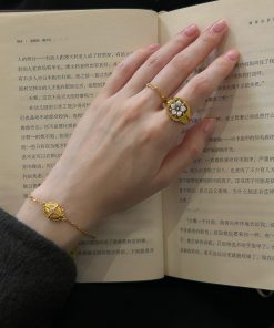 Vintage Gold Square Flower Ring with Fine Chain and Steel Beads - Oversized Stacking Ring for Women, Boho Chic Style