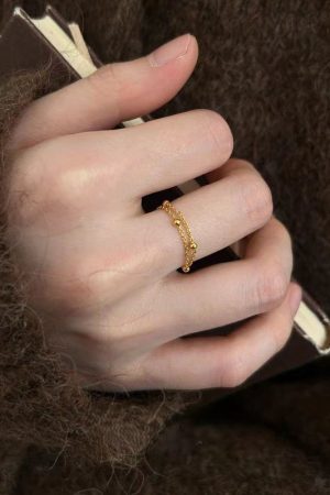 Vintage Gold Square Flower Ring with Fine Chain and Steel Beads - Oversized Stacking Ring for Women, Boho Chic Style