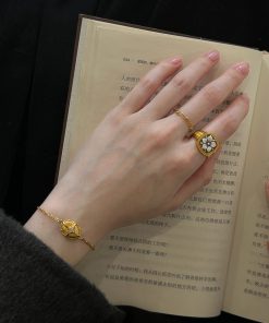 Vintage Gold Square Flower Ring with Fine Chain and Steel Beads - Oversized Stacking Ring for Women, Boho Chic Style